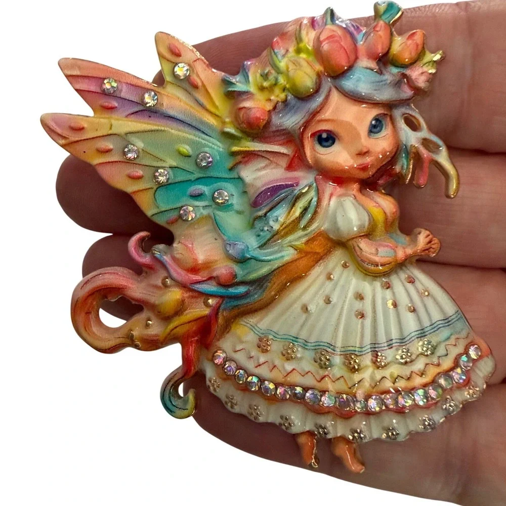 Whimsical Pastel Enamel Fairy Brooch Pin Gold Tone Rhinestone Cottagecore Pixie